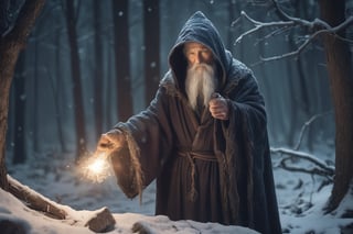 RAW photo,
A withered old mage casting one final spell in the snowy woods at night.

absurdres, masterpiece, award-winning photography, Volumetric lighting, extremely detailed, highest quality photo, RAW photo, 16k resolution, Fujifilm XT3, sharp focus, realistic texture