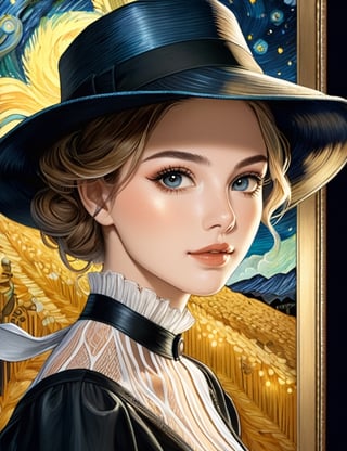 a flat picture with vangogh technique, classic photographer women random face, wearing classic clothes, random Vintage hat, masterpiece, wide angle, clean detailed faces, sharp focus, higher realistic, 8k, portrait, glowing lights intricate, elegant, highly detailed, digital art, concept art, smooth, illustration, perfect complexion eyes,