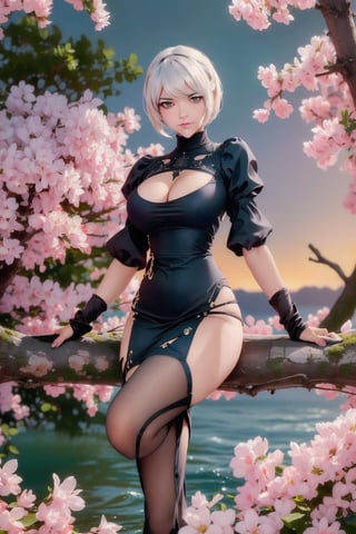 Yorha No. 2 Type B sits serenely on the gnarled branch of an ancient tree, her slender legs dangling in mid-air as she gazes out at a fantastical landscape. Her detailed body, adorned with intricate machinery and scars, is bathed in warm golden light, while her full-body armor glows with a soft blue hue. Her hands, delicate and mechanical, rest gently on the branch as her piercing green eyes seem to hold the secrets of the world. The background, a swirling vortex of purple and orange hues, pulses with an otherworldly energy, set against a deep blackness that seems to have been pulled into the ultra HD frame.