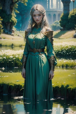 ((absurdres)), ((best quality)), ((a masterpiece)), ((award winning photo)), ((photorealistic)), ((fantasycore)), ((shimmering)) ((glistening))((ultradetailed)), cinematic, model shoot posing, 

Her long yellow hair rippled down her shoulders, her gown was green, green as young reeds, shot with silver like beads of dew, and her belt was of gold, shaped like a chain of flag lilies, set with the pale blue eyes of forget-me-nots,lord of the rings (but careful with the word lord),nodf_lora