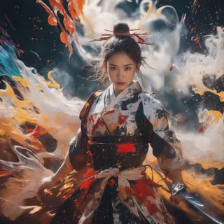 Envision a Thai girl with flowing white hair, thundering:1.3, ((silver colors samurai uniform)), (((the background is abstract with multiple colors splashes all over the background:1.5))) , ((white multiple samurai’s swords )), 