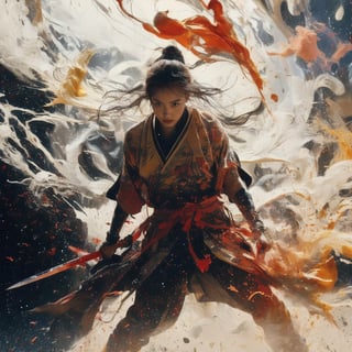 Envision a Thai girl orange hair wear orange sunglasses, tattoo with flowing white hair, thundering:1.3, ((silver colors samurai uniform)), (((the background is abstract with multiple colors splashes all over the background:1.5))) , ((white multiple samurai’s swords )), 