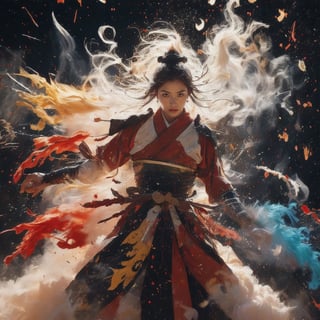 Envision a Thai girl with flowing white hair, thundering:1.3, ((silver colors samurai uniform)), (((the background is abstract with multiple colors splashes all over the background:1.5))) , ((white multiple samurai’s swords )), 