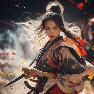 Envision a Thai girl with flowing white hair, thundering:1.3, ((silver colors samurai uniform)), (((the background is abstract with multiple colors splashes all over the background:1.5))) , ((white multiple samurai’s swords )), 