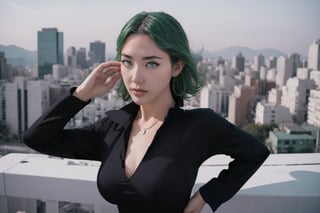 Realistic photography cinematic still absurdres, highres, ultra detailed, , tatsumaki, curly hair, green hair, black dress, long sleeves, upper body, loooking at viewer, city perfect body ,tatsumaki