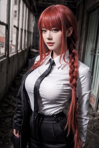 Create a realistic portrait, photography Face and waist, woman, long red hair, bangs one braid in the back, wearing a large, long black suit, woman on the outside wearing a long-sleeved white shirt on the inside, black tie, black pants. long,,,In an abandoned school, buildings destroyed,,