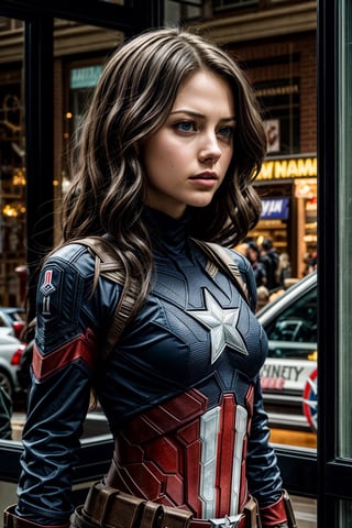 (masterpiece), (cinematic, city lights:1.2), city, overcast, 1girl, black hair, medium hair, wavy hair, Looking at the viewers,More Detail, Captain America,Melissa Benoist,