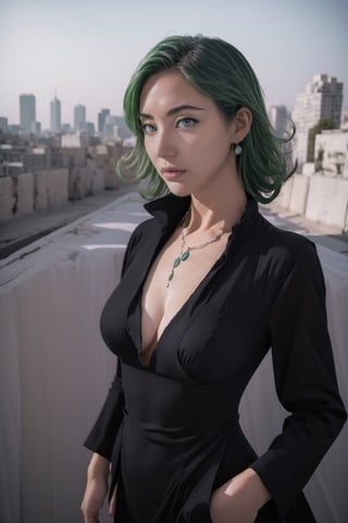 Realistic photography cinematic still absurdres, highres, ultra detailed, , tatsumaki, curly hair, green hair, black dress, long sleeves, upper body, loooking at viewer, city perfect body ,tatsumaki