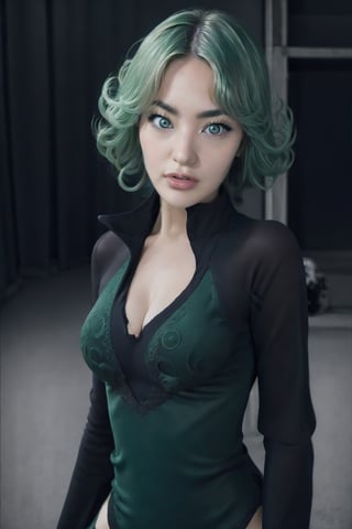 Realistic photography cinematic still absurdres, highres, ultra detailed, , tatsumaki, curly hair, green hair, black dress, long sleeves, upper body, loooking at viewer, city perfect body ,tatsumaki