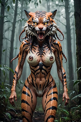 Realistic photography cinematic still A women mixed tiger wolf hybrid like six legged alien predator creature, tentacles, lots of eyes, fearsome, long sharp teeth, after you in the forest, fog,Tiger ,p3rfect boobs,aesthetic portrait