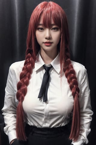 Create a realistic portrait, Asian woman, long red hair, bangs braided in the back, wearing a large, long black suit, woman on the outside wearing a long-sleeved white shirt on the inside, black tie, black pants. long,