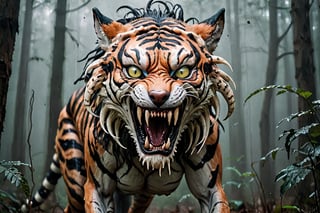 Realistic photography cinematic still A women mixed tiger wolf hybrid like six legged alien predator creature, tentacles, lots of eyes, fearsome, long sharp teeth, after you in the forest, fog,Tiger ,p3rfect boobs,aesthetic portrait