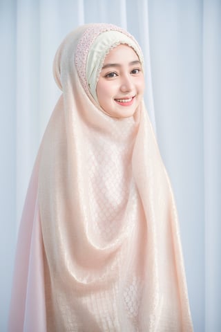 (mukena), 1 girl, 25 year, smile, using a PRAYER HIJAB frilly, white background, real_life, from_behind_view