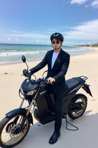 a man with black suit, standing, refueling electric motorcycles, at the beach,professional 