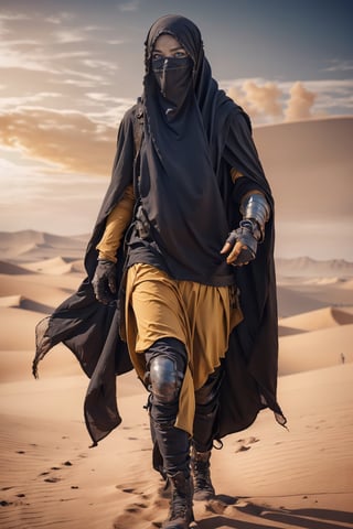 girl in warrior armor covered with veil hijab and cloak walking in vast desert yellow sky, she has (glowing blue eyes:1.2)