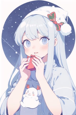 (cute illustration:1.4),(fuwafuwa illustration:1.3),masterpiece,a cute girl,Pale blue and white_long hair,christmas,christmas hair ornament,（Holding glowing stars in both hands：1.6）,better_hands