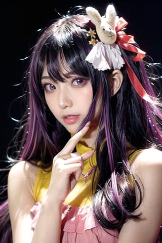 hoshino_ai, expressive, realistic, long_hair, purple hair, hair ornament, pink fluffy dress, stage, neon lights, 