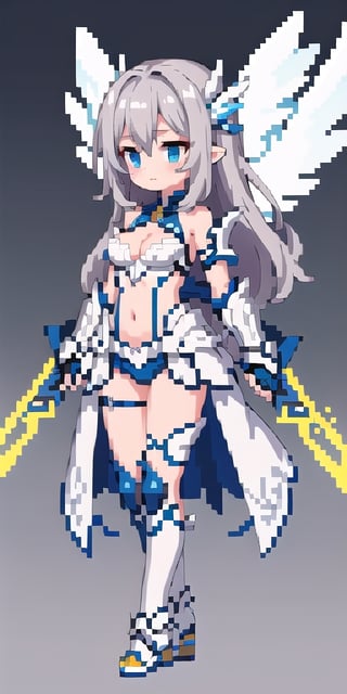 masterpiece,best_quality,(Seraph),,cleavage cutout,1girl,(long_hair),paladin,loli,white valkyrie,light-blue long hair,bare shoulder,highleg scale-armor,game character design reference ui,energy blade