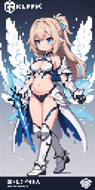 masterpiece,best_quality,(Seraph),,cleavage cutout,1girl,(long_hair),paladin,loli,white valkyrie,light-blue long hair,bare shoulder,highleg scale-armor,game character design reference ui,energy blade