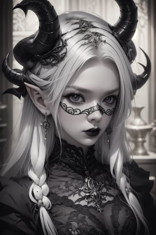 1girl,.albino demon little queen, (long intricate horns), a sister clad in gothic punk attire, face concealed behind a striking masquerade mask,themed,white_aesthetics,photorealistic,Masterpiece,Realistic,dark fantasy