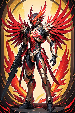 solo, red eyes,  weapon, holding weapon sword, gun, no humans, glowing, halo, robot, building, holding gun,  mecha, science fiction, beautiful Phoenix wings, humangus