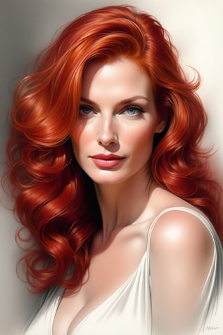 pencil Sketch of a beautiful mature woman, with red hair, alluring, portrait by Charles Miano, pastel drawing, illustrative art, soft lighting, detailed, more Flowing rhythm, elegant, low contrast, add soft blur with thin line, 