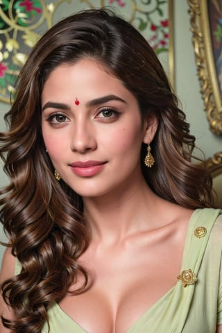(best quality,4k,8k,highres,masterpiece:1.2),ultra-detailed,(realistic,photorealistic,photo-realistic:1.37),beautiful,indian woman,(expressive eyes:1.1),(radiant smile:1.1),close-up,portrait,(smooth skin:1.1),(long,shiny hair:1.1),vibrant colors,studio lighting,traditional attire (sari),ornate henna design,delicate facial features,graceful pose,serene expression,subtle makeup,rich textures,deep gaze,exquisite craftsmanship,soft shadows,subtle highlights,warm color palette,aesthetic composition,striking contrast,detailed patterns,impeccable clarity,natural beauty,luminous complexion,regal elegance,unforgettable charm,intense gaze,dreamy ambiance,radiant personality,colorful backdrop,in home sit at sofa