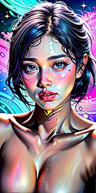 The guardian of the nebula A portrait of a girl with iridescent skin, her eyes reflecting the colors of a nearby nebula, surrounded by glowing, ethereal wisps of gas and dust, nude,maw4r,s4str0