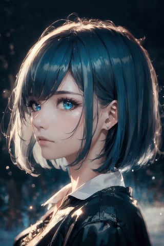 atmospheric scene, masterpiece, best quality, (detailed face, detailed skin texture), (cinematic light: 1.1), High detailed, Color magic, 1female, full body, black hair, (blue highlight: 1.5), (short hair, wolfcut), blue eyes, pretty eyes, starry eyes, hoshimachi suisei,