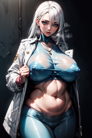 NSFW, atmospheric scene, masterpiece, best quality, (detailed face, detailed skin texture), (cinematic light: 1.1), High detailed, Color magic, 1female, long hair, white hair, blue eyes, soft belly, white jacket, open jacket, necklace, bodytight, seethrough, simple_background, 