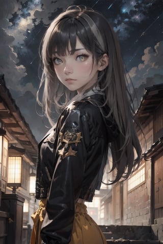 atmospheric scene, masterpiece, best quality, (detailed face, detailed skin texture), (cinematic light: 1.1), High detailed, Color magic, 1female, (full body), long hair, black hair, (grey highlight: 1.2), (yellow eyes), slit pupil, pretty eyes, starry eyes, hoshimachi suisei, jacket, ASU1