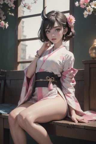 SFW, atmospheric scene, masterpiece, best quality, (detailed face, detailed skin texture), (cinematic light: 1.1), 1girl, better_hand, perfect hands, oni, small_horns, bangs, hair between eyes, (shorthair), brown eyes, seductive pose, sexually suggestive, (tidy kimono, colourful), fullbody_stocking, pink tattoo, blossoms, clothed, covered hands, ((flat chest)), small breast,  wide hip, curvy thigh,