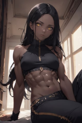 atmospheric scene, masterpiece, best quality, (detailed face, detailed skin texture), (cinematic light: 1.1), 1female, full body, better_hand, perfect hands, (black hair), (long hair), yellow eyes, slit pupil, yellow eyes, slit pupil, emotionless, dark_skin, muscular_body, laying on mans thigh, indoors,