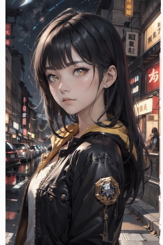 atmospheric scene, masterpiece, best quality, (detailed face, detailed skin texture), (cinematic light: 1.1), High detailed, Color magic, 1female, (full body), long hair, black hair, (silver highlight: 1.0), (yellow eyes), slit pupil, pretty eyes, starry eyes, hoshimachi suisei, jacket, ASU1