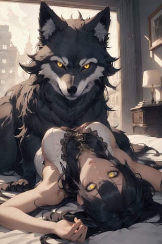atmospheric scene, masterpiece, best quality, (detailed face, detailed skin texture), (cinematic light: 1.1), 1female, monster girl, wolf, full body, better_hand, perfect hands, (black hair), (long hair), yellow eyes, slit pupil, yellow eyes, slit pupil, emotionless, dark_skin_female, muscular_body, laying down, indoors,