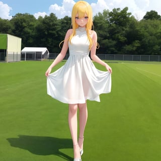 A girl around 18 years old.
Yellow hair
Thin.
Slim legs.
Wearing a white dress.
Wearing high heels.
Full body
Sports field background.