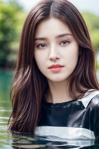 1girl,momoland nancy, closeup headshot of a beautiful woman, swimming in a (deep-pond:1.2), wearing a (striped t-shirt:1.2), (8k, RAW photo, best quality, depth of field, ultra high res:1.2), (absurdres, intricate, photorealistic, masterpiece, ultra-detailed:1.3)
