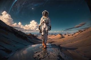 full body photography, astronaut helmet,  female astronaut with grey orange high tech suit aware pose and with grey orange exploration vehicle in desert planet behind her, sunny, dramatic lighting, film, mutted color pallete, imax, color grading, epic clouds, pentax, (best quality, 8K, ultra-detailed, masterpiece), (cinematic, photorealistic), wide view, eagle view, fisheye lenses,
xxmixgirl,swamp