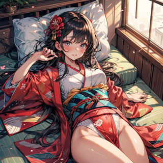 A girl in a neat kimono, lying in silence, in a competition called the Seicho Echi Challenge, a neat but dodgy girl poses naughty and has an erotic appeal in a neat and innocent way.