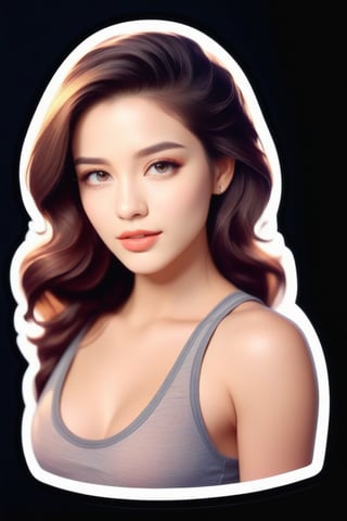 ((sticker)), Beautiful woman wearing a tanktop no bra, analog photograph, professional fashion photoshoot, hyperrealistic, masterpiece, trending on artstation,krrrsty