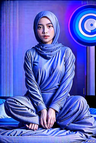 masterpiece, best quality, studio photo of a 20 year old girl wearing a hijab,  white cream Muslim dress, soft blue baggy trousers, detailed face, wearing sneakers, polite sitting pose, studio light background, medium, Hsvsg - v1, lighting, 126x 22mm hasselblad, hyper realistic, polite,Masterpiece,vaginal,torso grab,abc,Sexy Pose