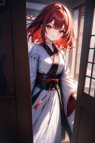 BEST QUALITY, HIGHRES, ABSURDRES, HIGH_RESOLUTION, MASTERPIECE, SUPER DETAIL, HYPER DETAIL, INTRICATE_DETAILS, 64K, a ghost girl with red hair and red eyes, wearing Japanese ghost clothes and floating in the air smiling, she is inside a house