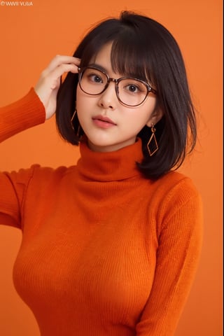 1girl, beautiful face, earrings, wearing (orange turtleneck sweater:1.2) up to her chin,((eye glases)), short dark hair, (simple plain background),busty body,gigantic breast,half body,cleavage,wul4n,nodf_lora,sarahviloid,cwkimt