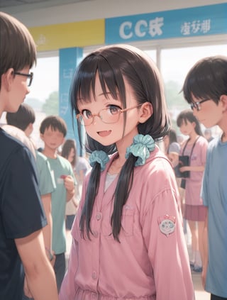 score_9, score_8_up, score_7_up, 
source_anime, 
BREAK 
1girl, loli, yumekawa, yumekawaii, (colorful, pastel colors), 
black hair, long low twintails, hair scrunchie, glasses, smile, fang, 
BREAK 
female focus, solo focus, 
class room, indoors, faceless child crowd, 
depth of field, 
chromatic aberrations, countershading, 