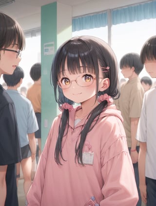 score_9, score_8_up, score_7_up, 
source_anime, 
BREAK 
1girl, loli, yumekawa, yumekawaii, (colorful, pastel colors), 
black hair, long low twintails, hair scrunchie, glasses, smile, fang, 
BREAK 
female focus, solo focus, 
class room, indoors, faceless child crowd, 
depth of field, 
chromatic aberrations, countershading, 