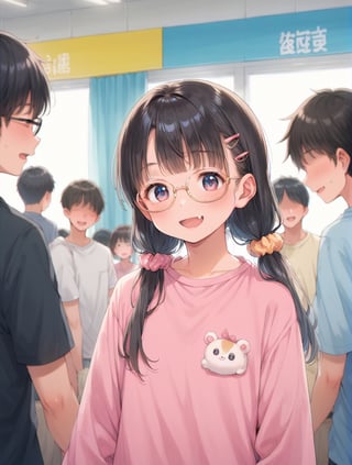 score_9, score_8_up, score_7_up, 
source_anime, 
BREAK 
1girl, loli, yumekawa, yumekawaii, (colorful, pastel colors), 
black hair, long low twintails, hair scrunchie, glasses, smile, fang, 
BREAK 
female focus, solo focus, 
class room, indoors, faceless child crowd, 
depth of field, 
chromatic aberrations, countershading, 