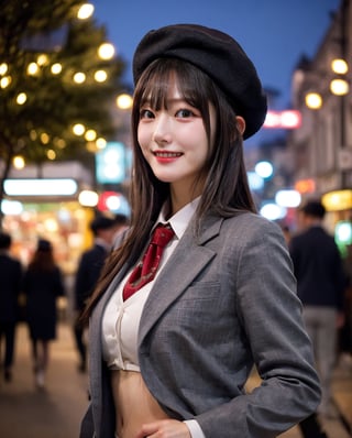 A 18 year girl, long straight black hairs with bangs, detailed eyes, detailed face, detailed nose, detailed hairs, place Japan, eungirl, with full body in frame, wearing suit and tie, wearing beret hat ladylike, delicate, graceful figure, beautiful and sexy supermodel, beautiful and perfect face, suitable body, tight waist, correct anatomy, Bright eyes, realistic body, realistic, 16k resolution, original image, high details, high image quality, sharp focus, dynamic light, medium depth of field,  whole body, place japanese streets, night time, night setting, christmas street lights, walking along coastline, shy smile, ocean view

full_body shot from the side angle, facing the camera