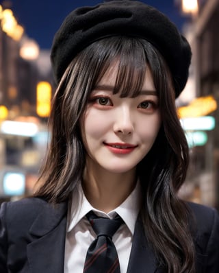 A 18 year girl, long straight black hairs with bangs, detailed eyes, detailed face, detailed nose, detailed hairs, place Japan, eungirl, with full body in frame, wearing suit and tie, black necktie, wearing black beret hat ladylike, delicate, graceful figure, beautiful and sexy supermodel, beautiful and perfect face, suitable body, tight waist, correct anatomy, Bright eyes, realistic body, realistic, 16k resolution, original image, high details, high image quality, sharp focus, dynamic light, medium depth of field,  whole body, place japanese streets, night time, night setting, christmas street lights, walking along coastline, shy smile, ocean view

full_body shot from the side angle, facing the camera