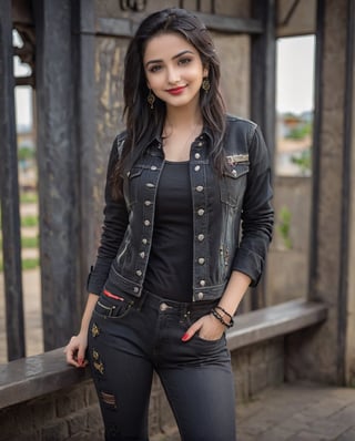 A 18  years young girl wearing denim black jacket and pant, cute face with details, beautiful black eyes, black long hair, smile 0.1, lipstick, earrings, model photoshot, high quality realistic photo,HZ Steampunk, different pose,YamiGautam