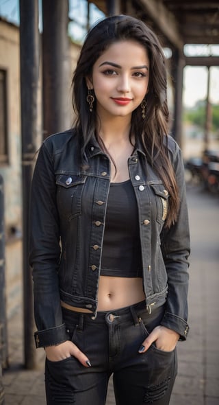 A 18  years young girl wearing denim black jacket and pant, cute face with details, beautiful black eyes, black long hair, smile 0.1, lipstick, earrings, model photoshot, high quality realistic photo,HZ Steampunk, different pose,YamiGautam